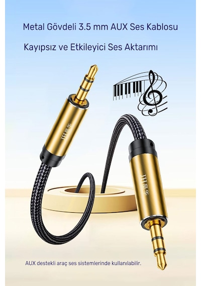 3.5mm - 3.5mm Aux Ses Kablosu 1.5 Metre, Erkek Erkek Stereo Audio Kablo, Kulaklık Hoparlör Bilgisayar Amfi Uyumlu, Metal Gövde, Naylon Örgü, Altın Kaplama Jak A580e