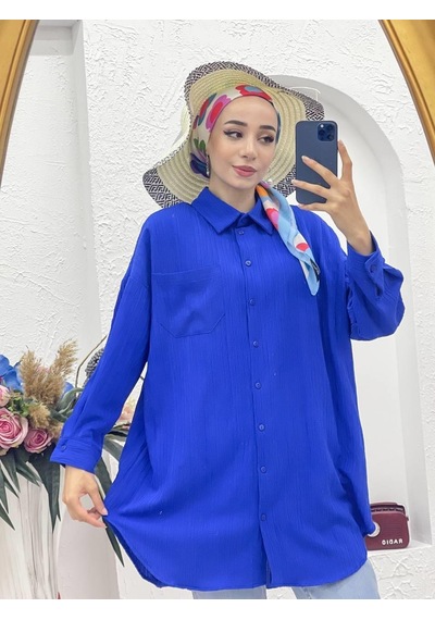 Vioshine Vıoshıne Kadın Düğmeli Bürümcük Keten Gömlek-lacivert Lacivert
