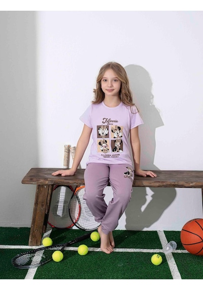 Kız Çocuk Mini Desenli Lila Pijama Takımı-1312 Lila