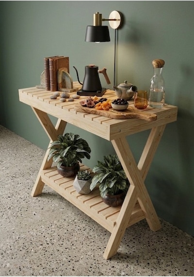 Nelyu Masif Ahşap Yan Sehpa - 80x60x20 Cm Çok Amaçlı Dekoratif Raf Bej