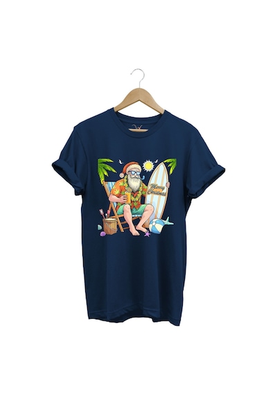 Merry Christmas Yaz Temalı Plajda Noel Baba Baskılı %100 Pamuk Unisex Regular Fit T-shirt Lacivert