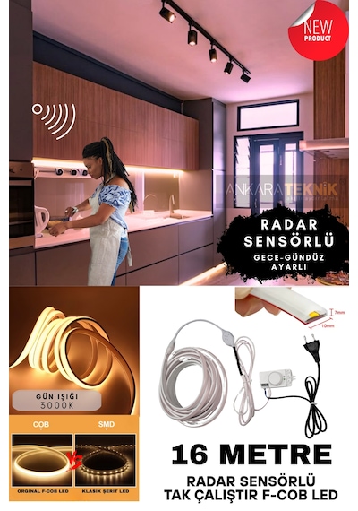 Ankara Teknik Sensörlü Günışığı F- Cob Neon Led / Yüksek Lümen/ Dolap Alcıpan Tavan Led 16 Metre