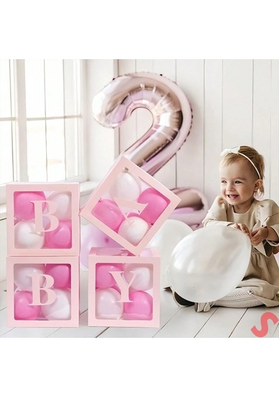 Baby Yazılı Şeffaf Balon Kutusu, 30cm X 4 Adetli Set - Pembe