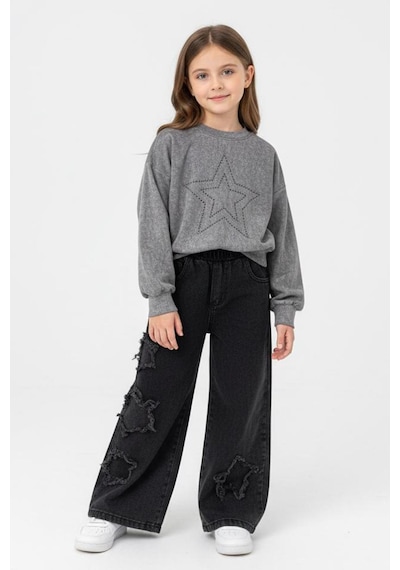 Yıldız Taşlı Detaylı Sweatshirt Yıldız Detay Jean Pantolonlu 2 Li Kız Çocuk Takı Gri