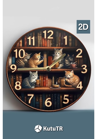 Sessiz Yuvarlak Ahşap Duvar Saati, Kuvars Hareketli 2d Kedi Desen Sdw018 Renkli