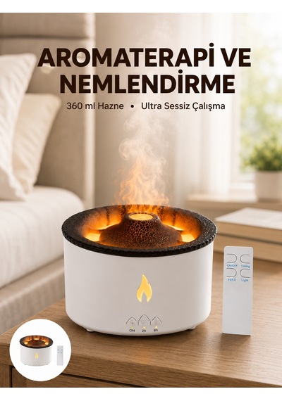 Alev Efektli Aromaterapi Difüzörü 360 Ml Su Hazneli, Sessiz Ve Zaman Ayarlı Yeni Nesil Altın