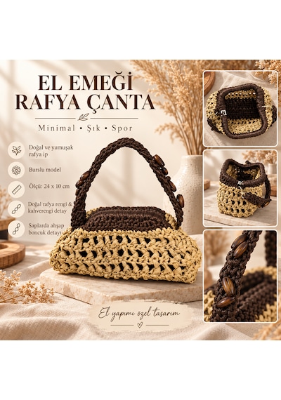 Doğal Rafya & Kahve Boncuklu Mini Çanta Camel - Kahverengi