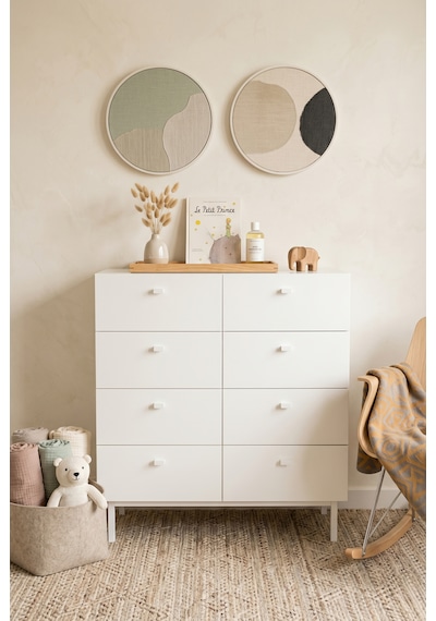 Robinhome Bebek Odası Çocuk Odası Geniş Şifonyer 8 Çekmeceli Ahşap Ayaklı Beyaz