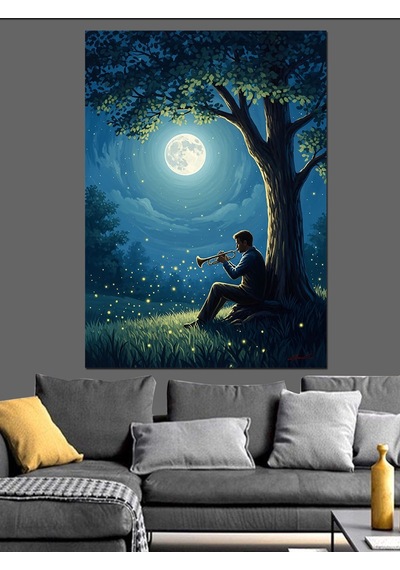 Ahşap Tablo Gece Yıldızlar Altında Trompet Çalan İnsan Figürlü Tablolar