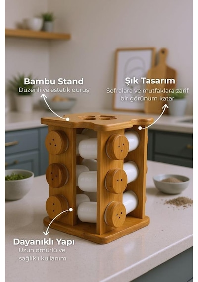 Bambum Festival - Bambu Standlı 12'li Dönen Baharatlık Ahşap - Beyaz