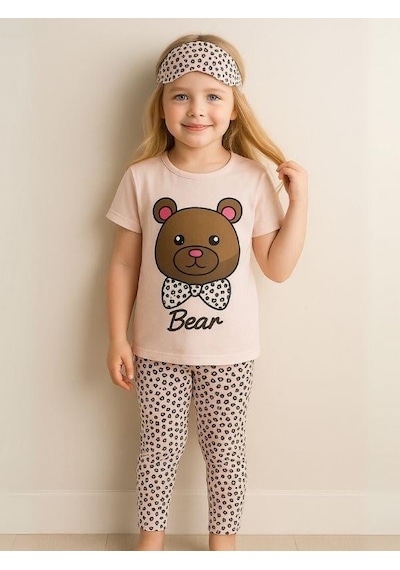 Kız Çocuk Pamuklu Kısa Kol Ayıcık Desenli Pijama Takımı Uyku Bandı Dahil -16055 Pembe