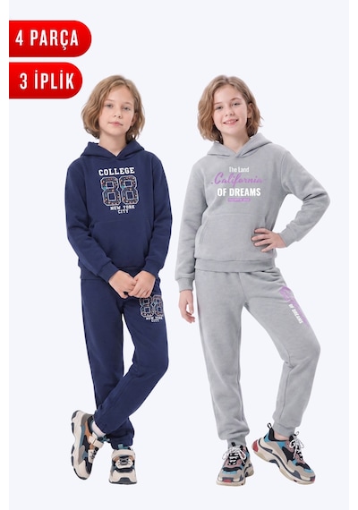 Fyk Kids 3 İplik Baskılı Kışlık Kanguru Cepli Kapüşonlu Kız Çocuk 2'li Eşofman Takımı 4 Parça Lacivert-gri