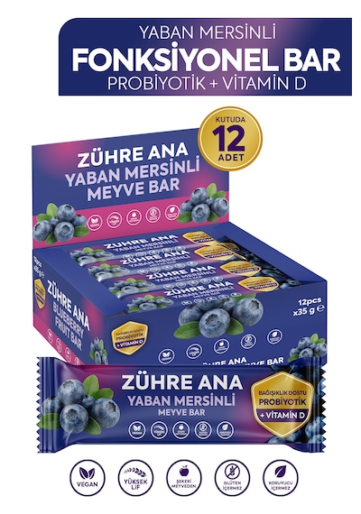Probiyotik Ve Vitamin D İçeren Meyve Bar, Şeker İlavesiz Yaban Mersinli 35 Gr X 12 Adet