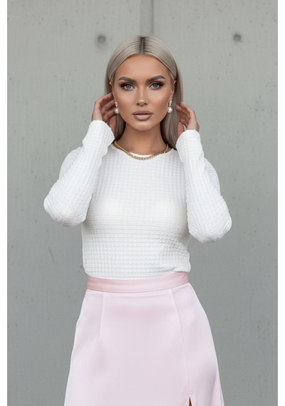 Kadın Beyaz Dokulu Bisiklet Yaka Uzun Kollu Slim Fit Body - Kadın Bluz Krem