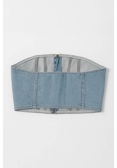 Blue White Fermuarlı Jean Büstiyer Açık Mavi