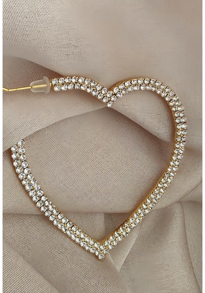 Büyük Kalp Model Beyoğlu Taşlı Abiye Gold Renk Küpe Altın
