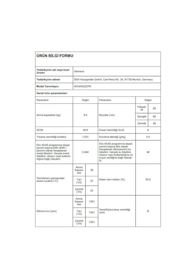 Siemens WG44A2Z0TR 1400 Devir 9 KG Çamaşır Makinesi
