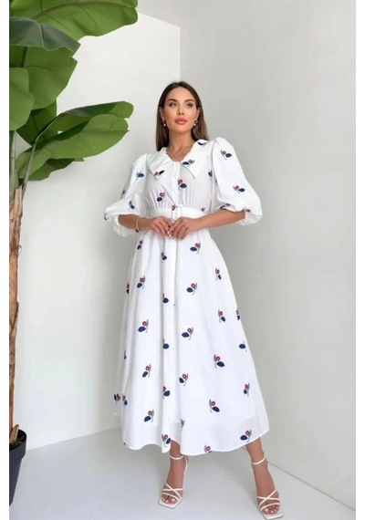Defymoda Kırmızı Yakası Çiçek Motifli Kemerli Elbise Kırmızı