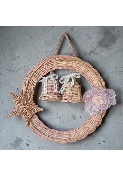 Handanrattan El Örgüsü Rattan Kapı Süsü - Yıldız Ve Çan Figürlü Bohem Duvar Dekorasyonu İkili Set: Yıldız 22 Cm & Çan 27 Cm