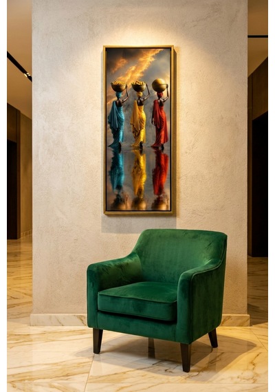 Sepet Taşıyan Afrikalı Kadınlar Çerçeveli Dekoratif Tablo 25x60 Cm Dikey Duvar Tablosu Salon Yatak Odası Ofis Dekoru