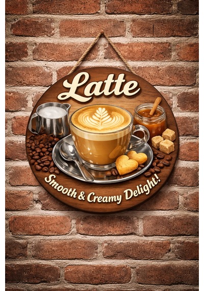 Mayeka Cafe Restoran İçin Latte Kahve Duvar Kapı Tablo Süsü Ahşap Askılı Pano Tabela No 8
