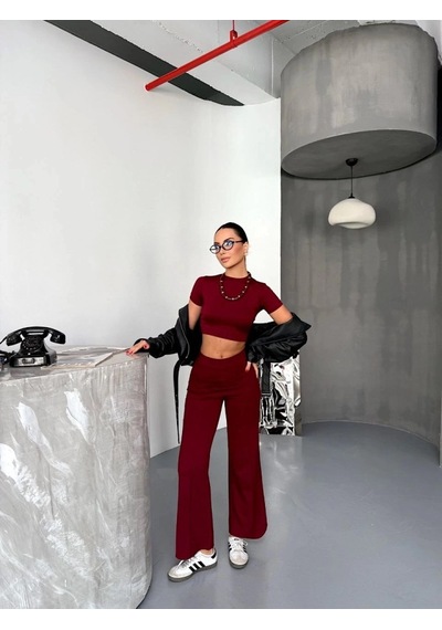 Valensdesign Osy Modal Yumuşak Dokulu Kumaş Kısa Kollu Crop Alt Ispanyol Paça Pantalon Ikili Takım - Bordo