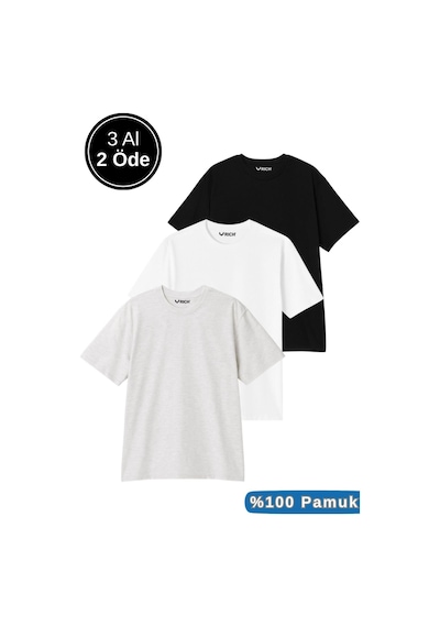 Rich Erkek 3'lü Paket Siyah-beyaz-gri Melanj Pamuklu Oversize Tişört Bisiklet Yaka Kısa Kollu T-shirt Gri