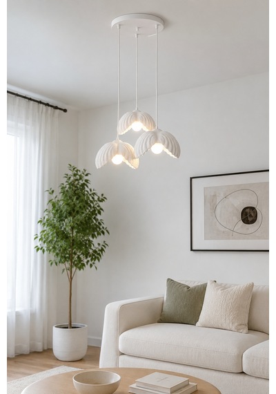 Lotus Çiçek Tasarım Üçlü Sarkıt Avize - Modern Tasarım Gece Lambası İç Dış Ortama Uygun - 25 Cm - Beyaz