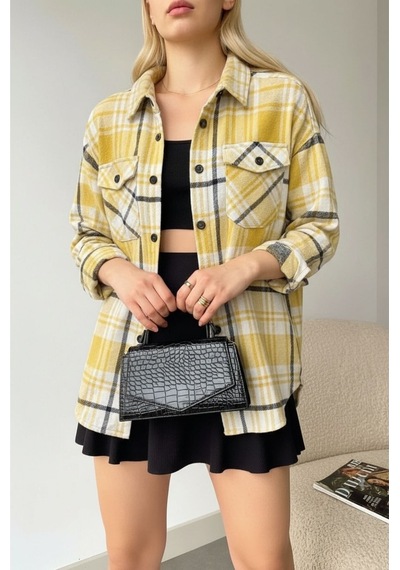 Mamayaga Kadın Desen Bloklu Oduncu Oversize Bol Ve Geniş Kalıp Casual Cepli Yakalı Ceket Gömlek Açık Sarı
