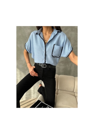 Verymoda Çoban Dikişli Keten Gömlek - D2597 Mavi