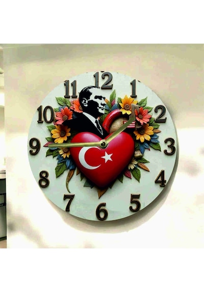 AA Shop Atatürk Kalp Bayrak Renkli Baskı Desenli Sayılı Hediyelik Ahşap Sessiz Tablo Duvar Saati 746 Çok Renkli