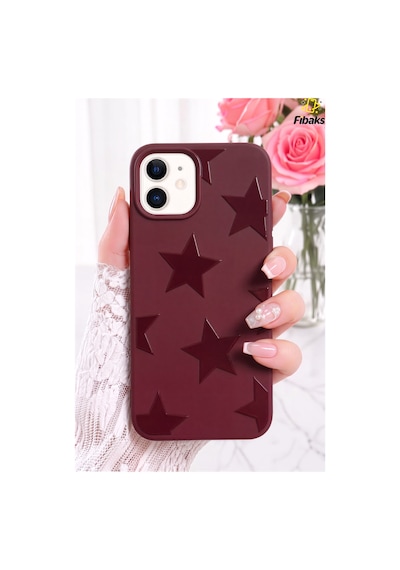 Fibaks iPhone 12 / 12 Pro Uyumlu Kılıf Bordo Yıldız Star Desenli Silikon Darbe Emici Klasik Silikon Kapak