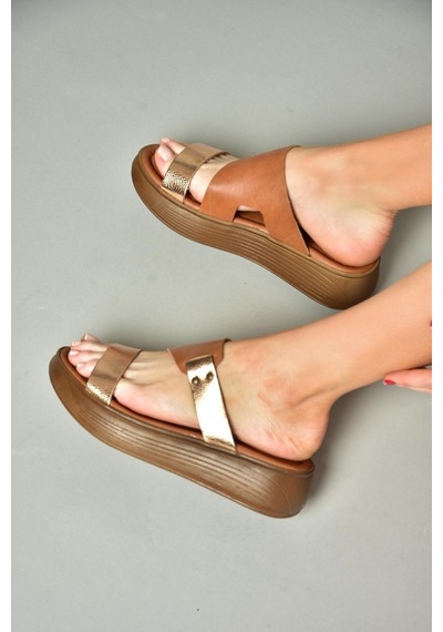 Fox Shoes S291059703 Taba/bakır Hakiki Deri Kalın Tabanlı Kadın Terlik Bakır - Taba