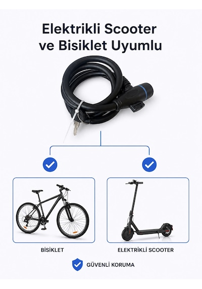 Bisiklet Kilidi Elektrikli Scooter Uyumlu Kablo Kilit Metal Güvenlik Kilidi 2 Anahtarlı 15x120 Cm Aparatlı Siyah