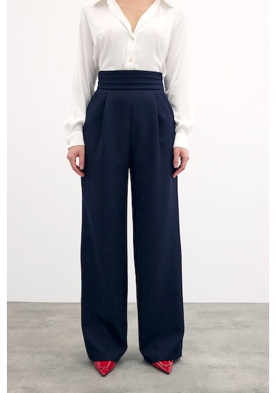 Sateen Bel Detaylı Cepli Pantolon - Lacivert-133701 Lacivert