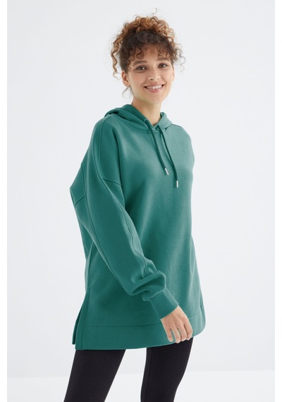 Tommy Life Deniz Yeşili Reglan Kol Basic Kapüşonlu Oversize Sweatshirt Tunik - 97242 Yeşil