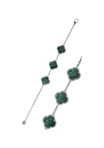 Roza Silver 925 Ayar Yeşil Kaplangözü Taşlı Rodyum Üçlü Yonca Gümüş Bileklik Rb10045