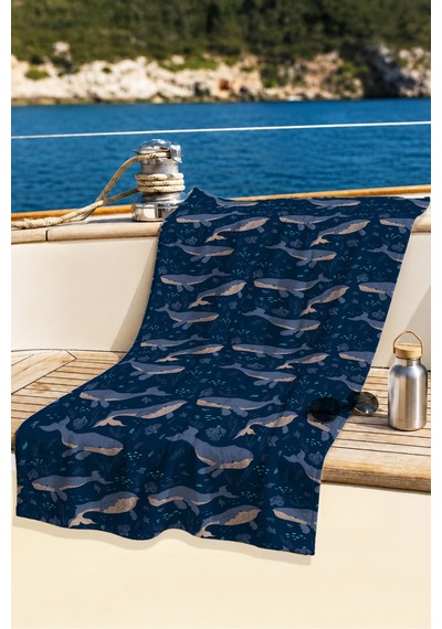 Balina Deniz Temalı Marine Plaj Havlusu - Lacivert Okyanus Stil Hızlı Kuruyan Mikrofiber Havlu Örtü Kül Şakayık