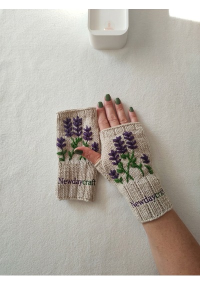Newdaycraft Parmaksız El Örgü Eldiven - Bej / Lavanta