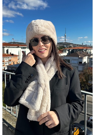 Mollycrush Kadın Bej Peluş Kürk Atkı Şapka Seti Premium Kışlık Ekru
