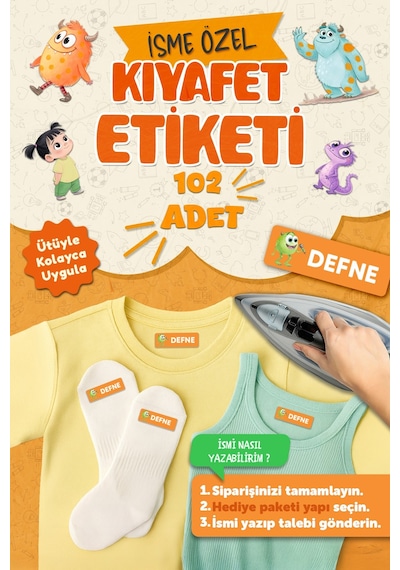 Kıyafet Etiketi - Okul Kıyafetlerine Kişiye Özel 30 Saniyede Kolay Uygulama Yıkanabilir - Canavarlar Beyaz