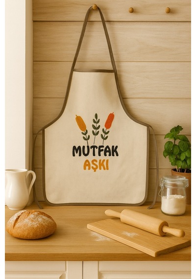 Mutfak Aşkı Nakışlı Keten Yıkanabilir Mutfak Önlüğü Standart Beden 1 Adet 50x70 Cm Bej