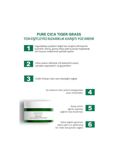 Sinoz Pure Cica Tiger Grass Ton Eşitleyici Yoğun Onarıcı ve Yatıştırıcı Yüz Kremi 15 ML