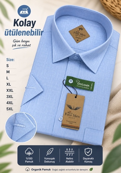 Beyome Erkek Keten Görünümlü Kısa Kollu Gömlek Rahat Kalıp Yazlık Nefes Alan Kumaş S-5xl Açık Mavi