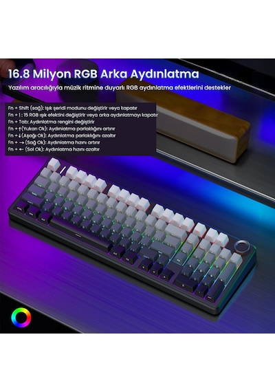 Aula F99 Pro 3 Modlu Rgb Hot Swap Mekanik Nimbus V3 Switch Kablosuz Makrolu Klavye Gradyan Gri