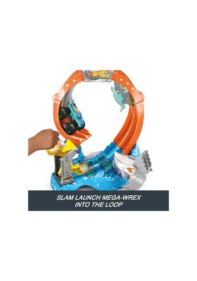 Hot Wheels Oyuncak Monster Trucks Köpekbalığı Oyun Seti, 1:64 Ölçekli Mega-wrex Araç, Çemberin İçinden Geçerek Düşmanı Yenme, Jfr08