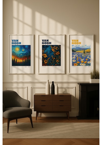 Van Gogh 3'lü Poster Tablo Seti Beyaz Çerçeveli