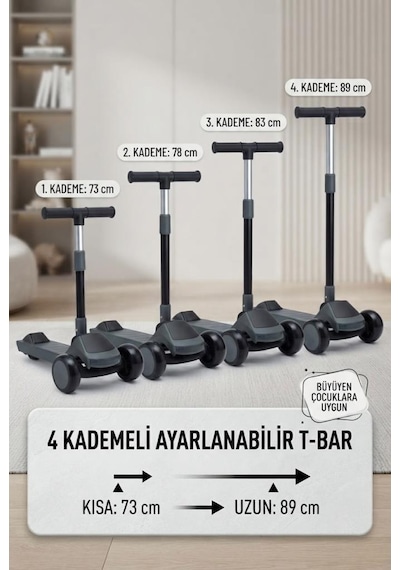 3 Tekerlekli Çocuk Scooter 4 Kademeli Ayarlanabilir Işıklı Ve Müzikli Katlanabilir Çocuk Scooter Gri