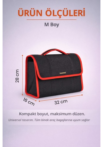Oto Bagaj Organizer Bagaj Çantası M Boy Kaymaz Cırt Bantlı Velur Kompakt - Siyah Kırmızı