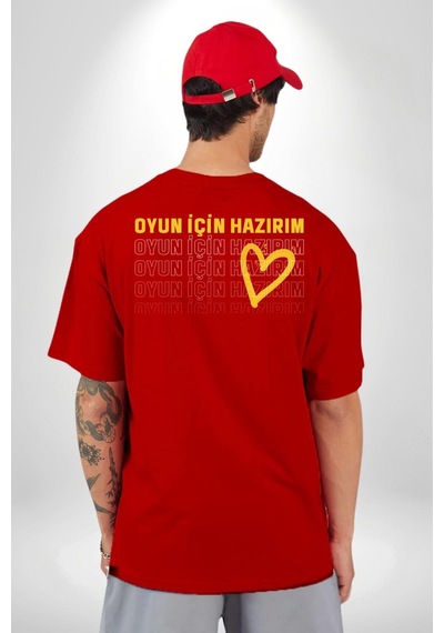 Oyun İçin Hazırım Kalp Kırmızı Oversize Unisex Ön Ve Sırt Baskılı Tişört Kırmızı